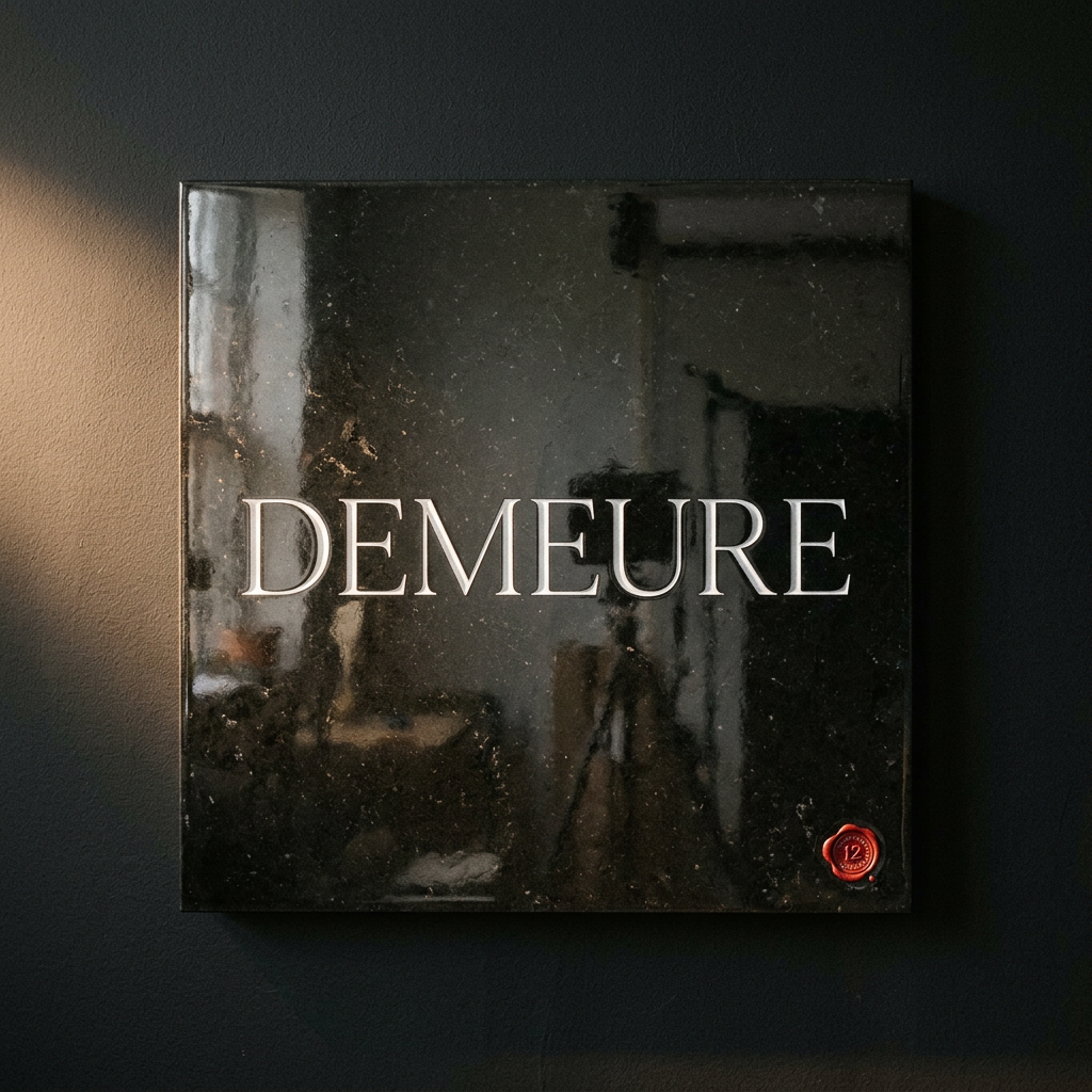 Échantillon de panneau FELIANCO gravé de la maxime « DEMEURE », scellé sous résine à miroir