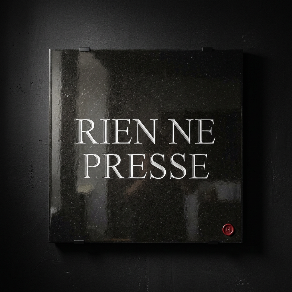 Échantillon de panneau FELIANCO gravé de la maxime « RIEN NE PRESSE », scellé sous résine à miroir