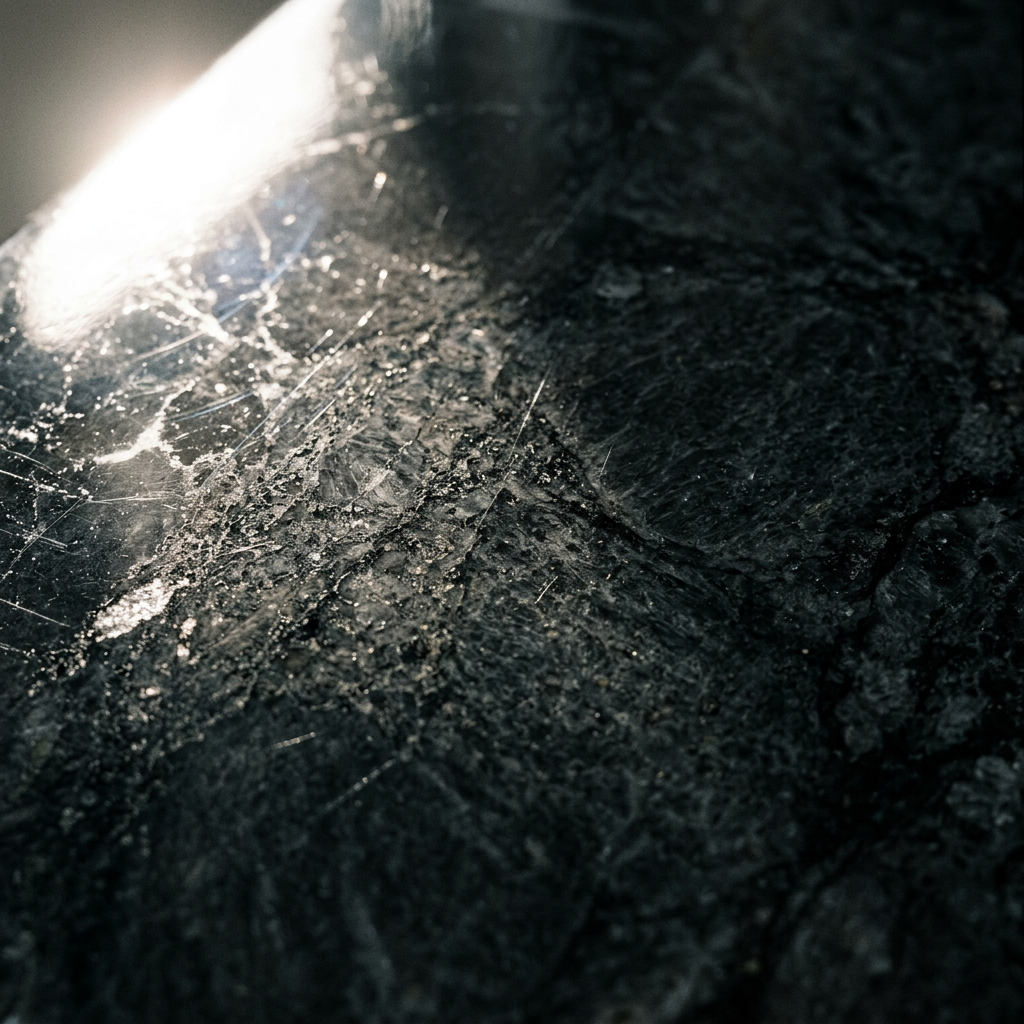Photographie macro de la surface minérale sombre des panneaux FELIANCO, accrochant la lumière rasante